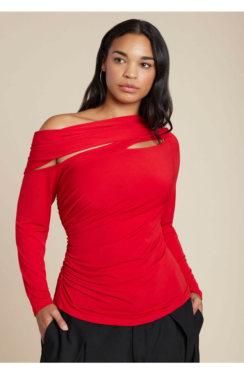 ELOQUII Sliced Asym Neck Top, Main, color, Equestrian Red
