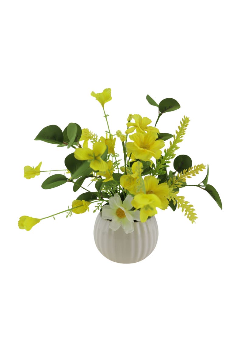 Transpac Season's Designs Artificial Yellow Flower Arrangement in White Vase, 8" Daisy Bowl,, Alternate, color, Multicolored