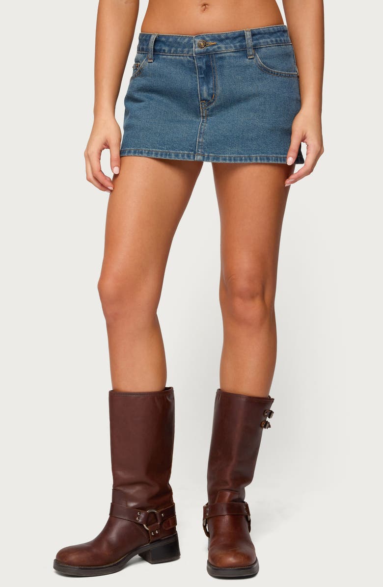 EDIKTED Josiee Low Rise Denim Miniskirt, Main, color, Blue-Washed