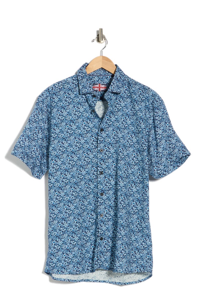 Floral Short Sleeve Viscose & Linen Button-Up Shirt, Alternate, color, BLUE / BLEU