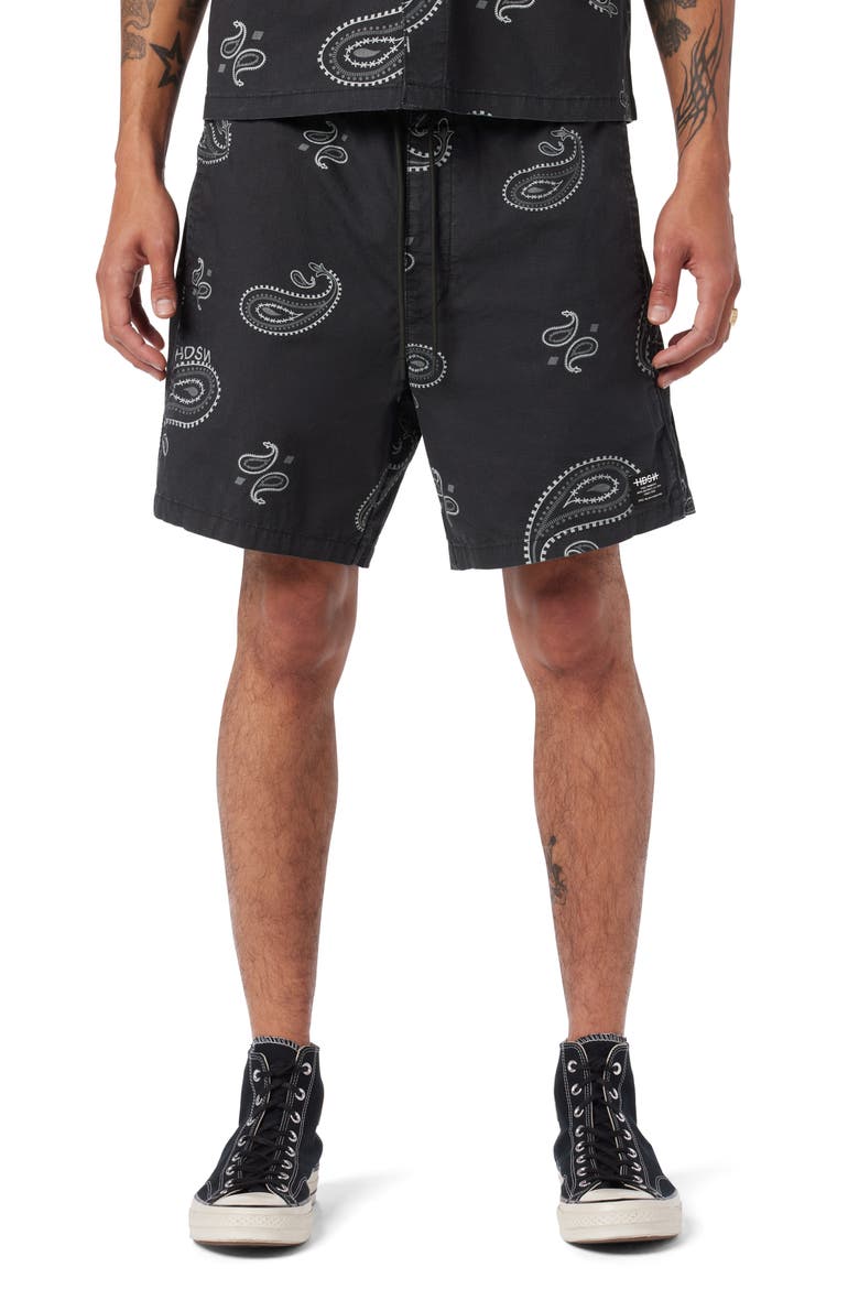 Racer Stretch Ripstop Drawstring Shorts, Main, color, BLACK BANDANA
