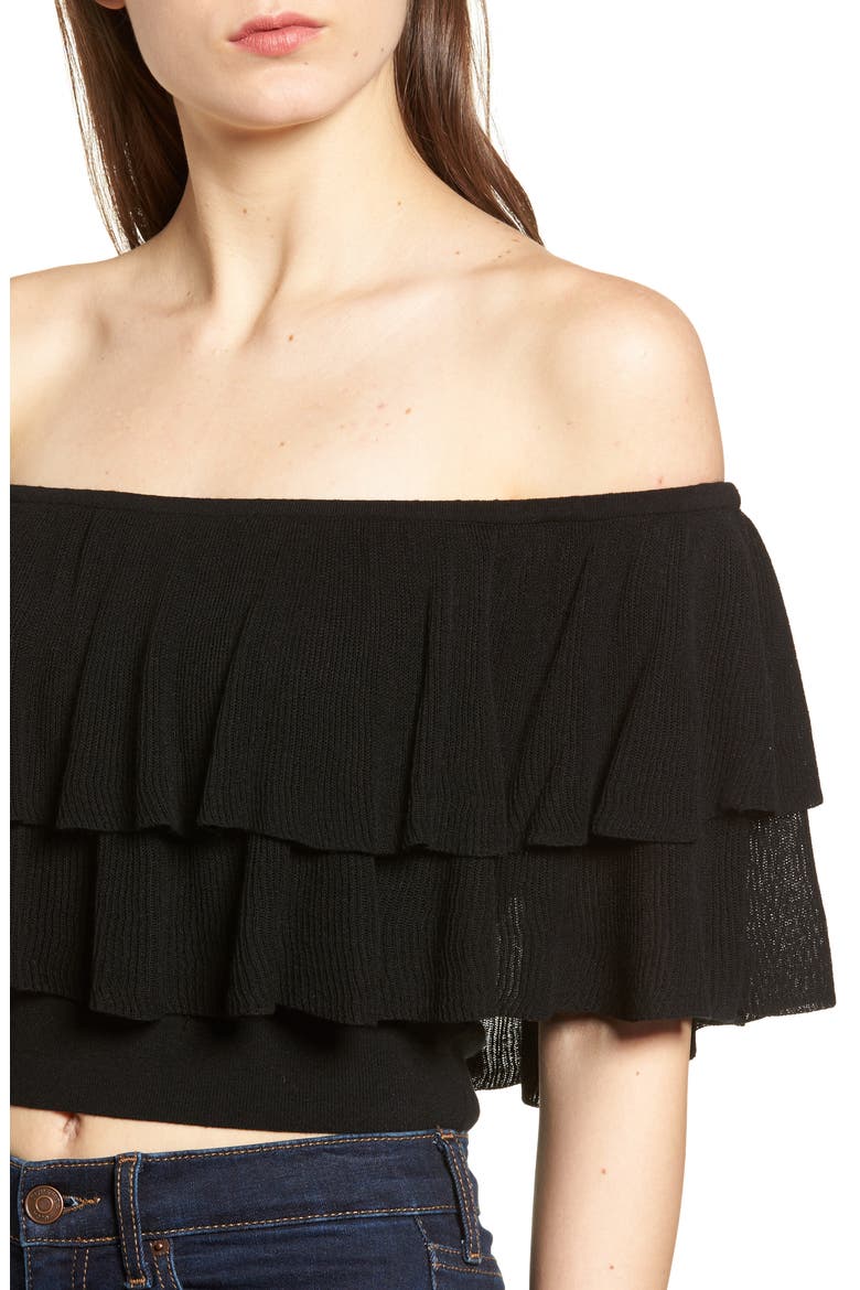 Ruffle Off the Shoulder Sweater, Alternate, color, BLACK
