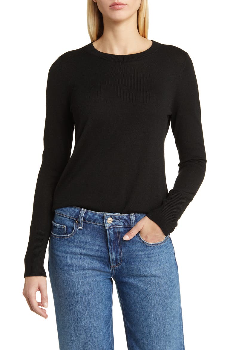 Merino Wool Blend Crewneck Sweater, Main, color, BLACK