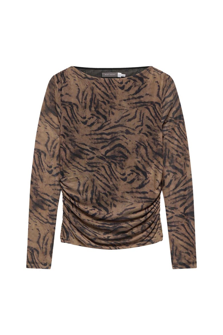 Boat Neck Draped Detail Mesh Top, Alternate, color, Brown