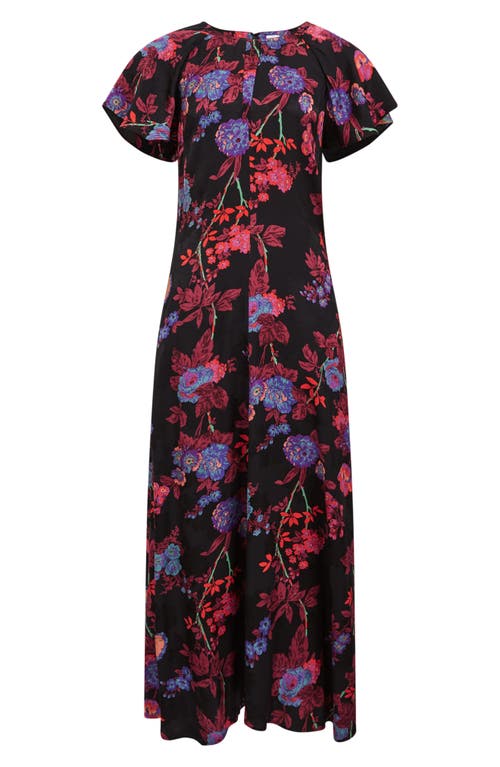 Reiss Leni Floral Print Cap Sleeve Midi Dress In Black