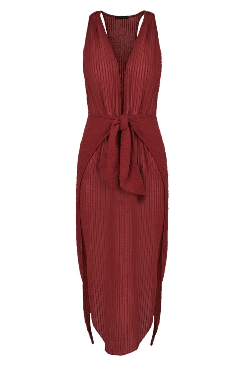 Ida Plunging Tie Waist Cover-Up Maxi Dress, Alternate, color, RED