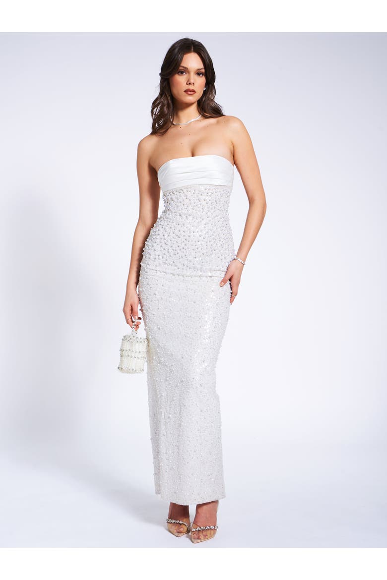 Lainey Sequin Pearl Beaded Strapless Satin Maxi Dress, Alternate, color, White
