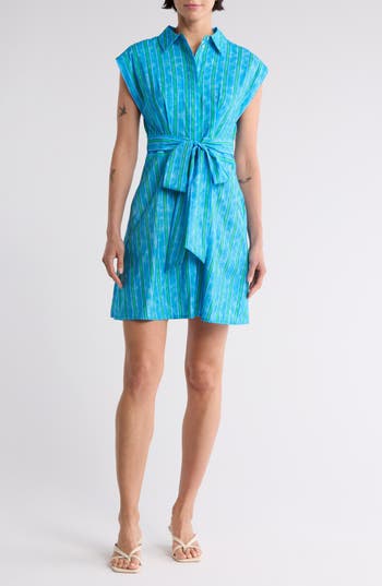 Area Stars Cap Sleeve Shirtdress In Blue Green Multi Stripe