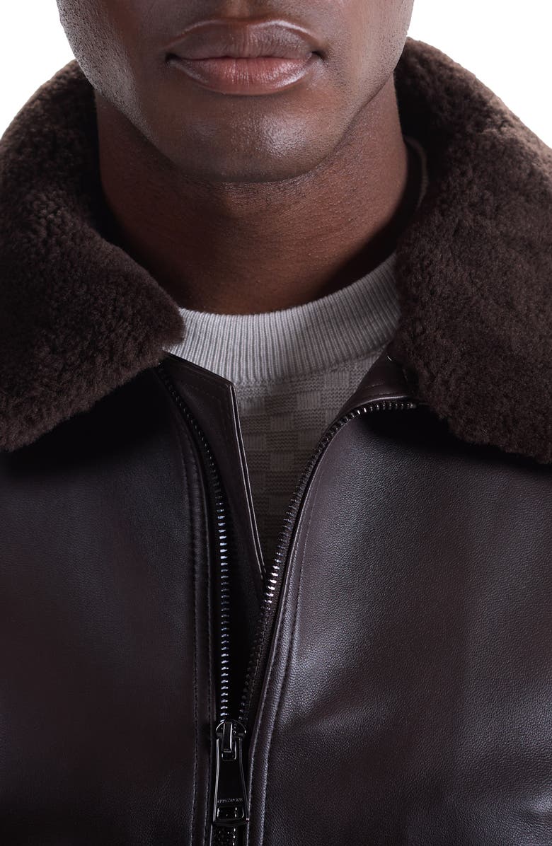 Bugatchi Leather Bomber Jacket with Removable Genuine Shearling Collar, Alternate, color, Truffle