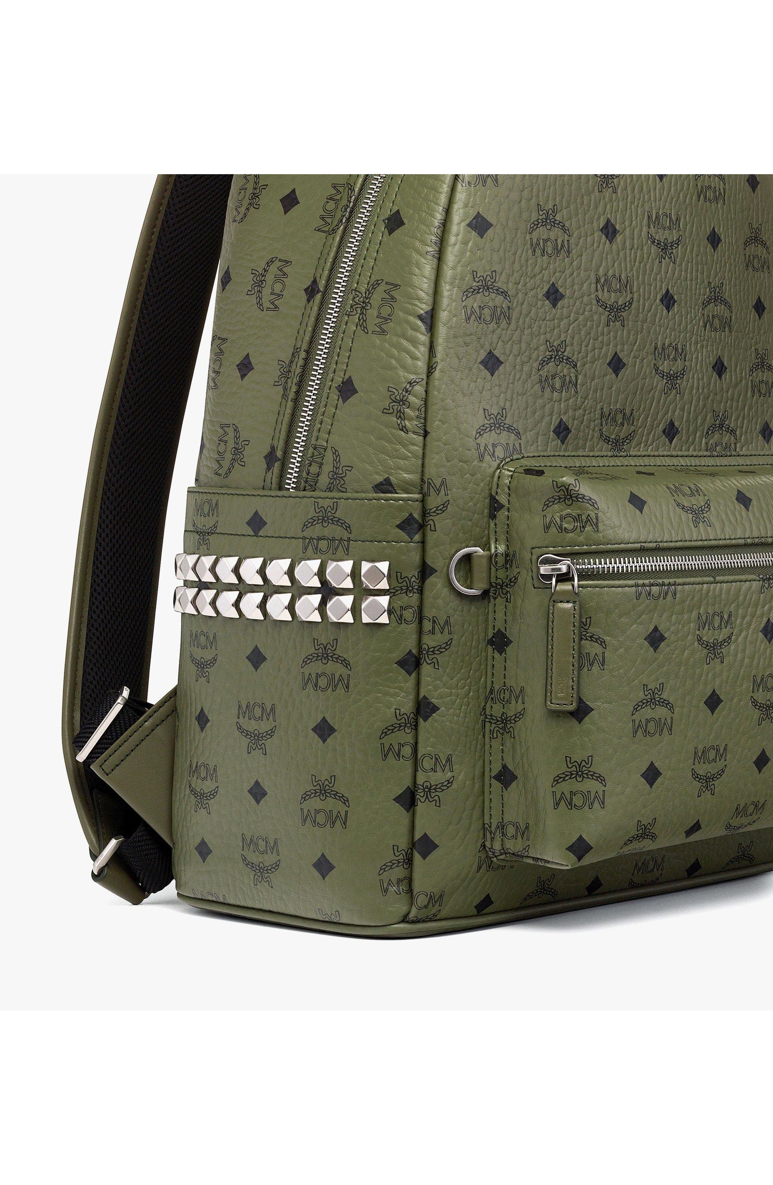 MCM Stark Side Studs Backpack in Visetos, Alternate, color, Khaki Moss
