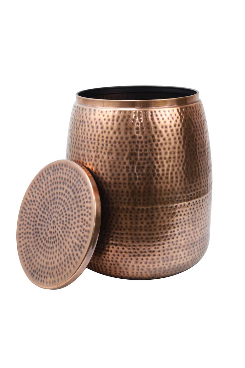 Merida Modern Rustic Hammered Metal Drum Storage Side Table with Lid, Alternate, color, Antique Copper