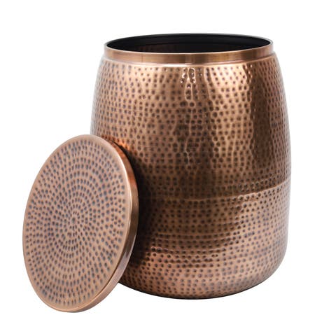 Merida Modern Rustic Hammered Metal Drum Storage Side Table with Lid