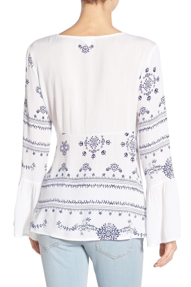 Print Lace-Up Peasant Top, Alternate, color, WHITE BANDANA PRINT