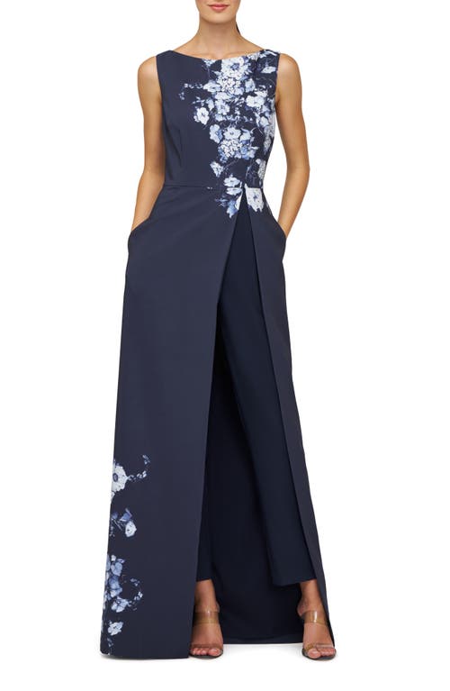 Kay Unger Esti Floral Maxi Jumpsuit In Midnight Blue