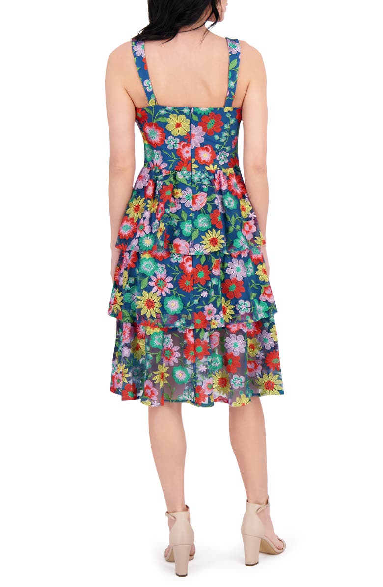 Kensie Embroidered Mesh Tiered Dress, Alternate, color, Blue Multi