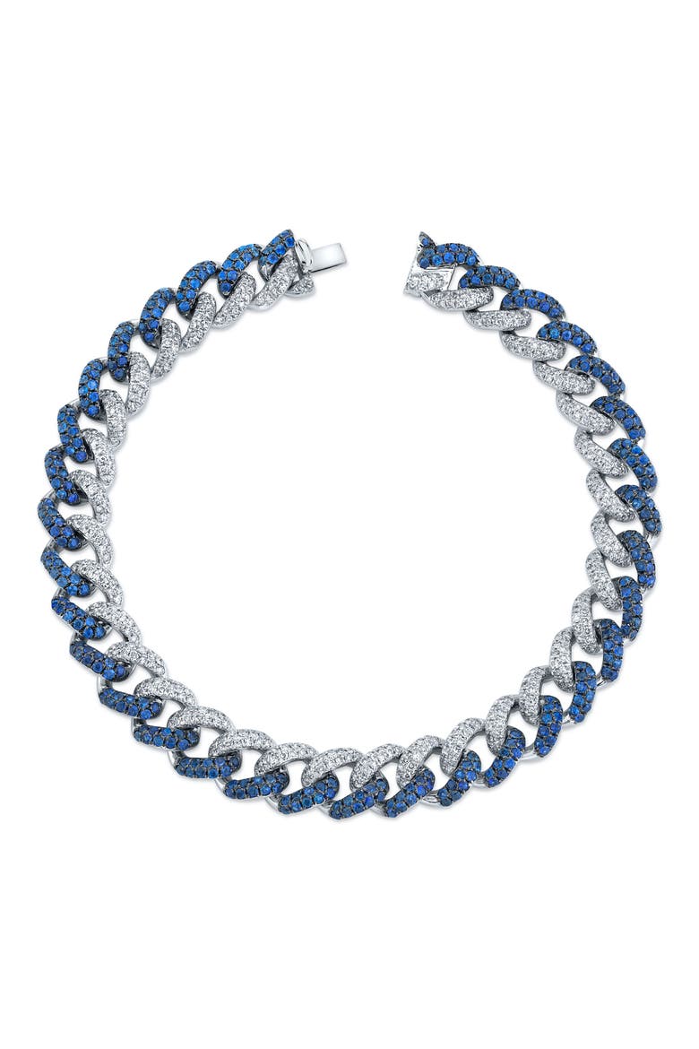 Blue Sapphire & Diamond Pavé 18K Gold Curb Chain Bracelet, Main, color, BLUE