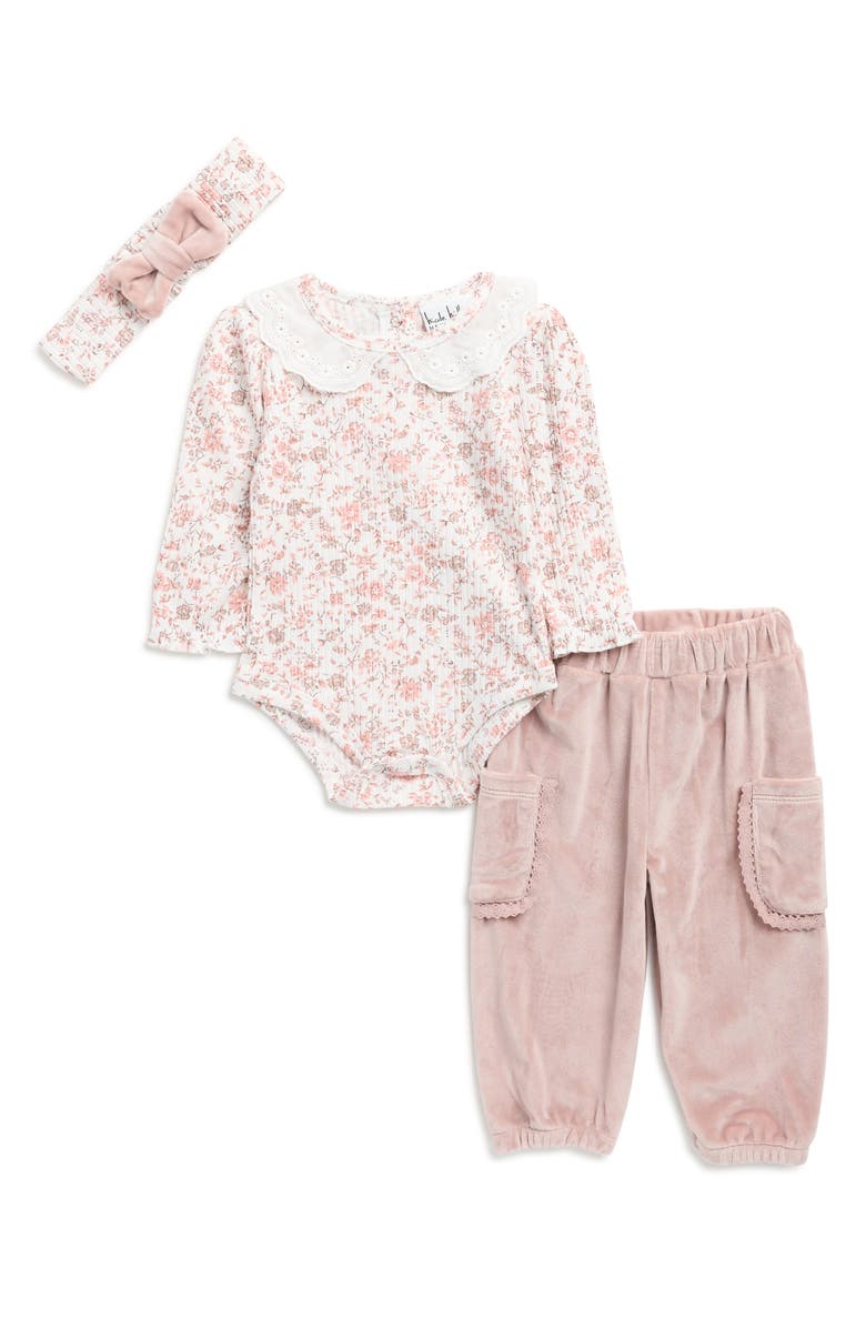 Nicole Miller Ribbed Bodysuit, Velour Joggers & Headband Set, Main, color, Mellow Rose