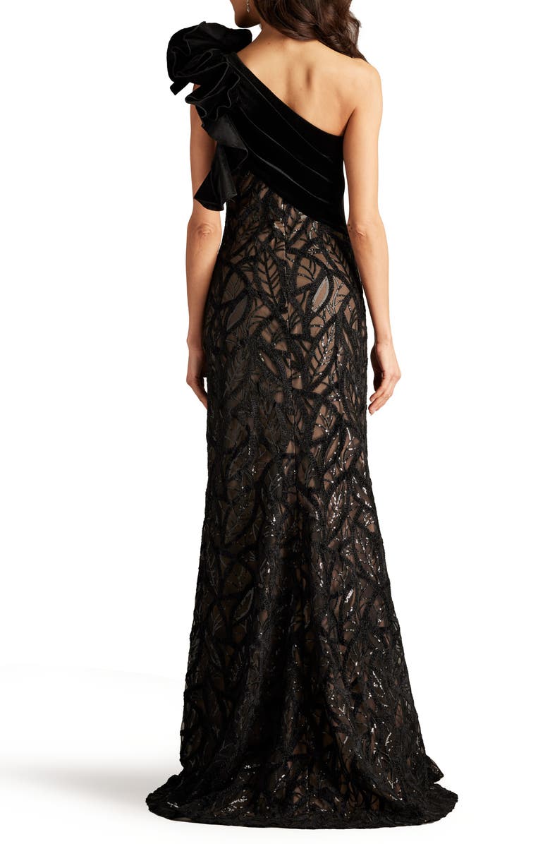 Tadashi Shoji Flower Detail Sequin Lace One-Shoulder Gown, Alternate, color, 