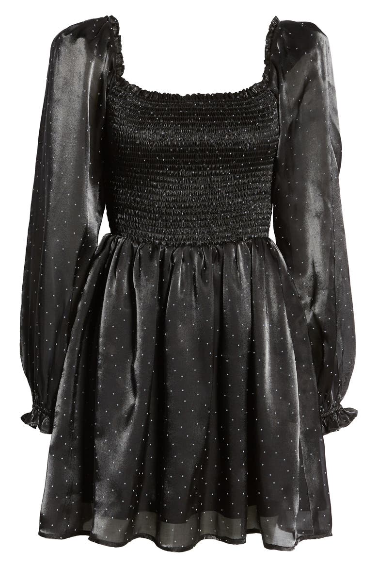 Smocked Long Sleeve Minidress, Alternate, color, BLACK POLKA DOT