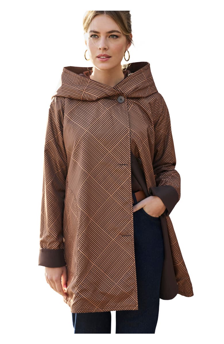 Jessica London Reversible A-Line Raincoat, Main, color, Camel Diamond Stripe