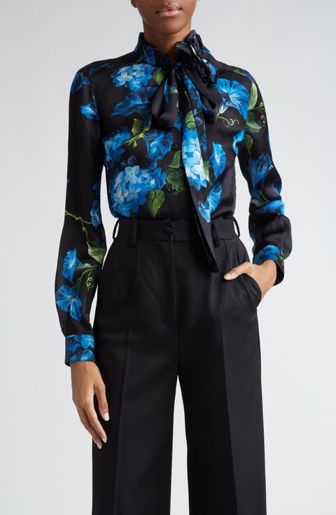 Bluebell Floral Print Tie Neck Silk Satin Shirt with Detachable Appliqué