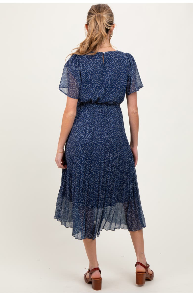PinkBlush Leaf Print Pleated Midi Dress, Alternate, color, Navy Blue