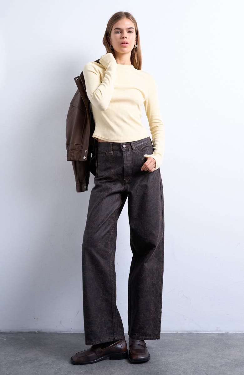 Topshop Rib Knit Long Sleeve Top, Alternate, color, Buttermilk