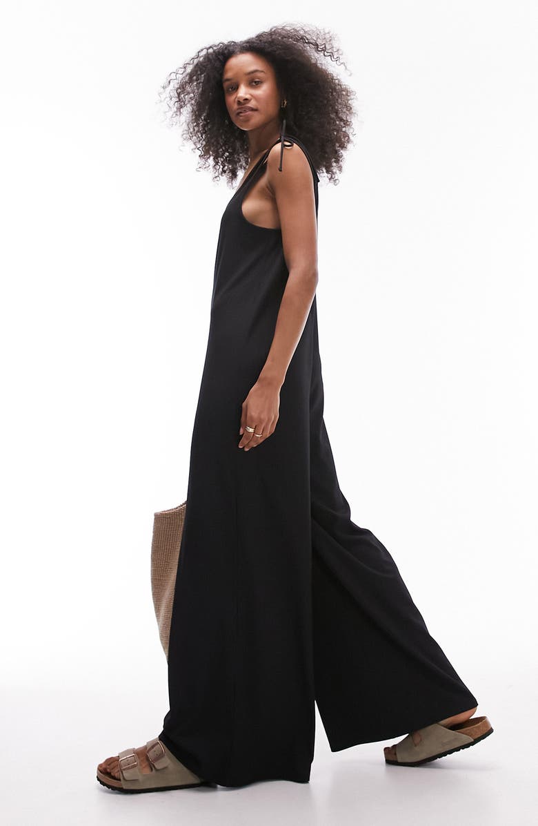 Topshop Tie Shoulder Wide Leg Rib Jumpsuit, Alternate, color,