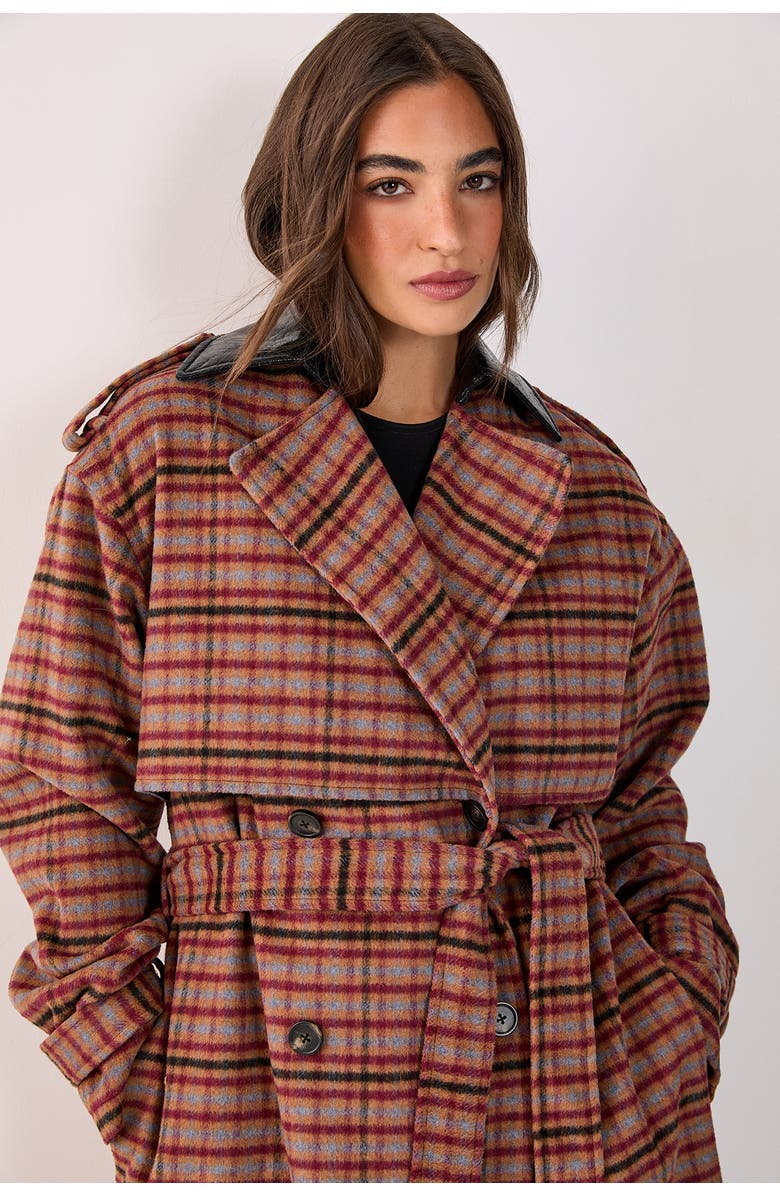 NASTY GAL Check Vinyl Collar Trench Coat, Alternate, color, Brown
