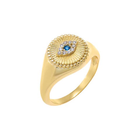Sapphire Blue CZ Evil Eye Signet Pinky Ring