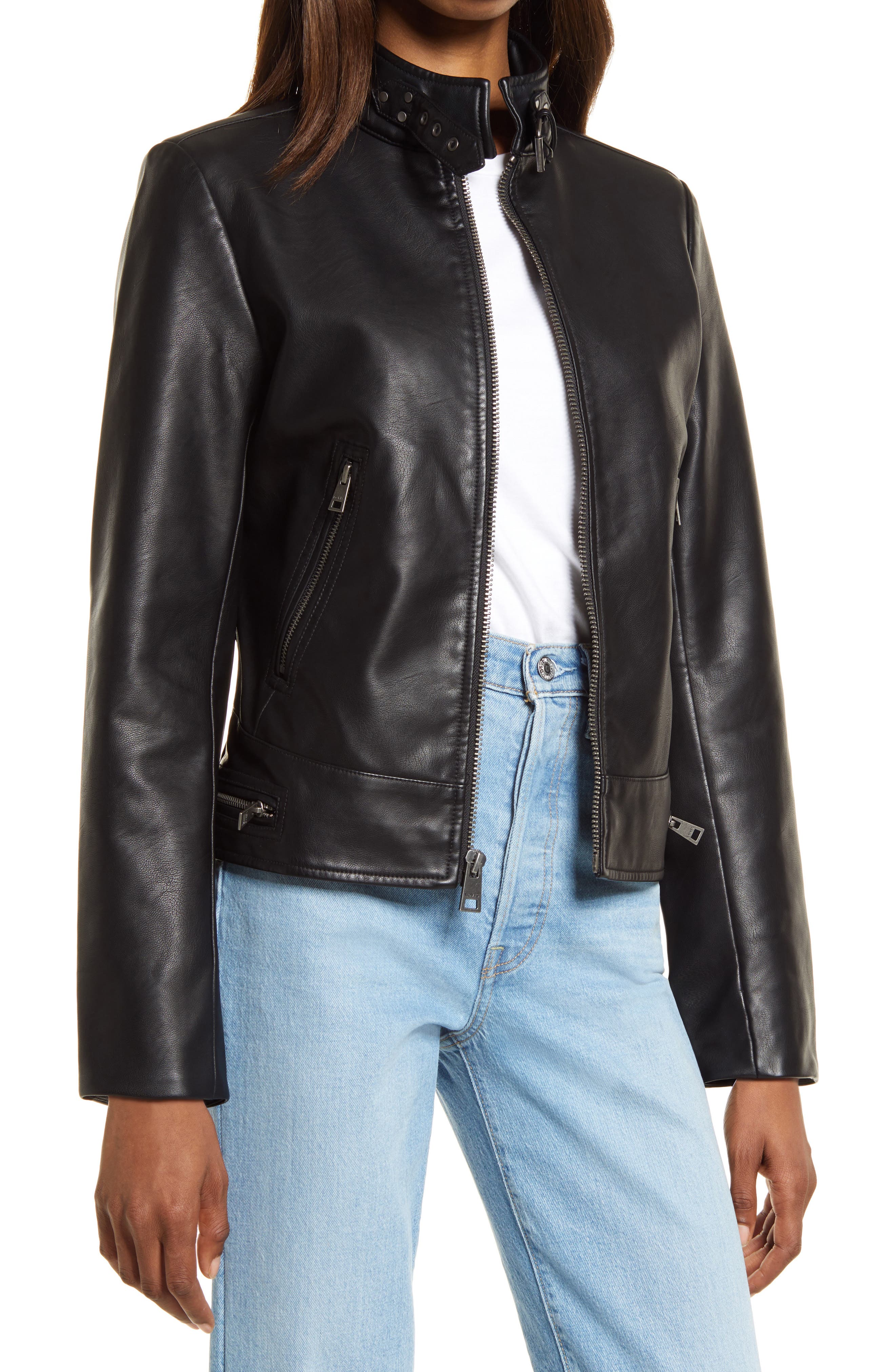 ROUND SHORT FAKE LEATHER JACKET ブルー｜レディース