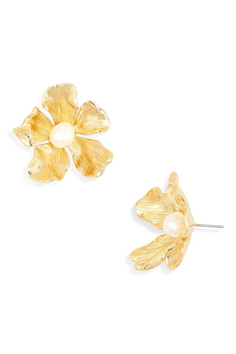 Pearl Flower Stud Earrings, Main, color, GOLD