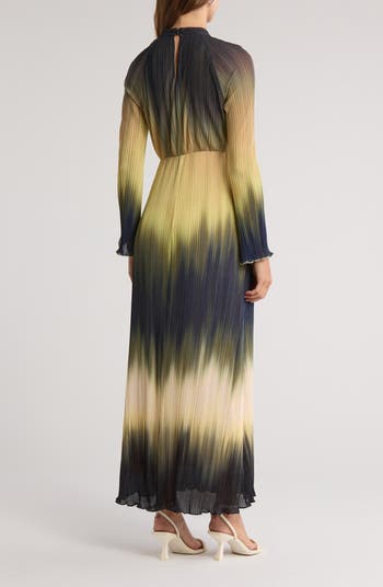 Calina Ombré Long Sleeve Plissé Maxi Dress