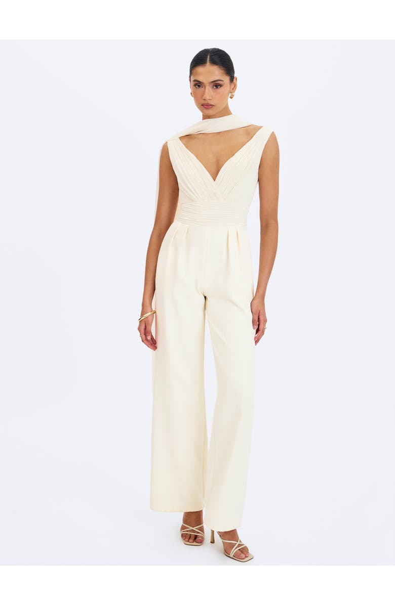 Miss Circle Harper Ruched V-Neck Jumpsuit with Scarf, Alternate, color, Ivory