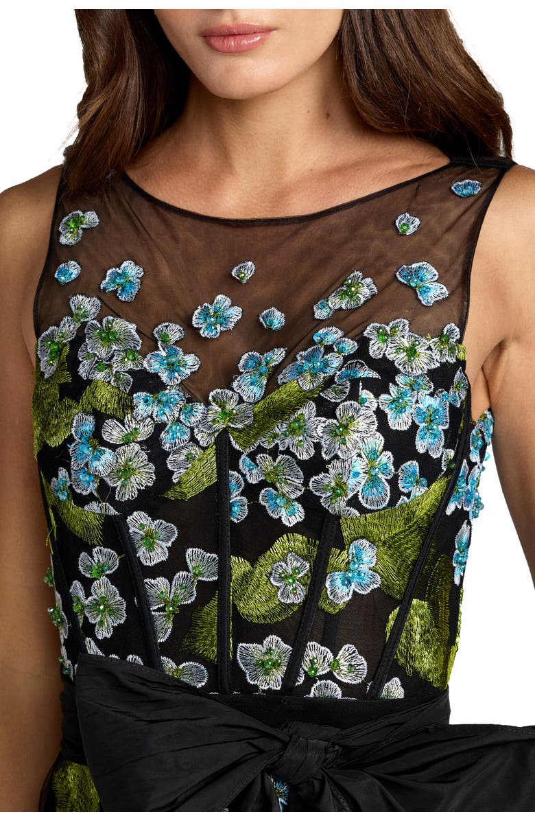 Mac Duggal Sleeveless Mesh Applique Gown With Bow Belt, Alternate, color, Blue Multi