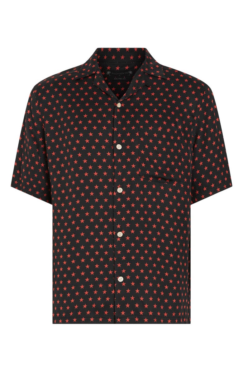 AllSaints Stellar Mass Relaxed Fit Star Print Camp Shirt, Alternate, color, Jet Black