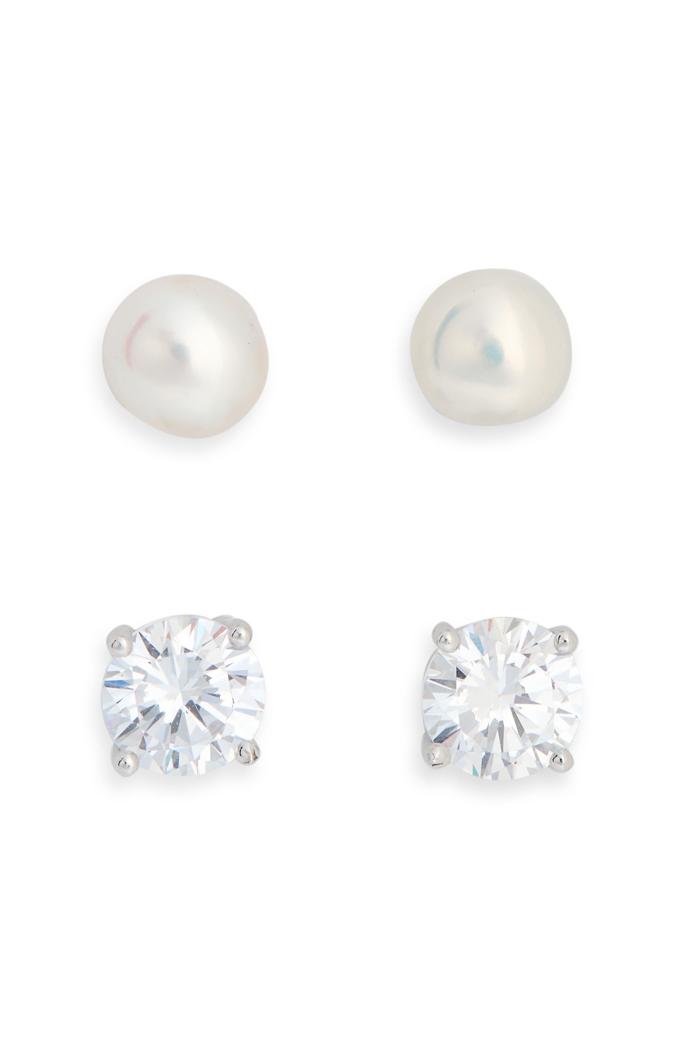 NORDSTROM RACK Set of 2 Sterling Silver Cubic Zirconia & Faux Pearl Stud Earrings