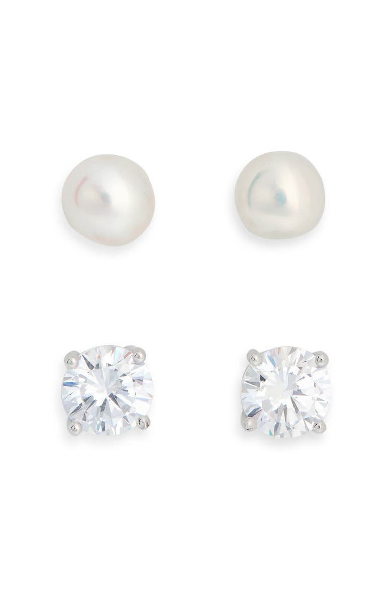 Set of 2 Sterling Silver Cubic Zirconia & Faux Pearl Stud Earrings, Main, color, CLEAR- WHITE- SILVER