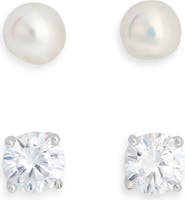 NORDSTROM RACK Set of 2 Sterling Silver Cubic Zirconia & Faux Pearl Stud Earrings