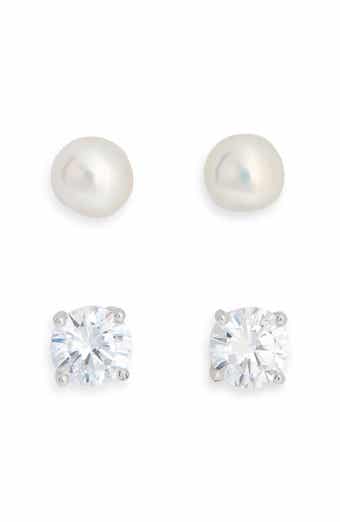 Set of 2 Sterling Silver Cubic Zirconia & Faux Pearl Stud Earrings