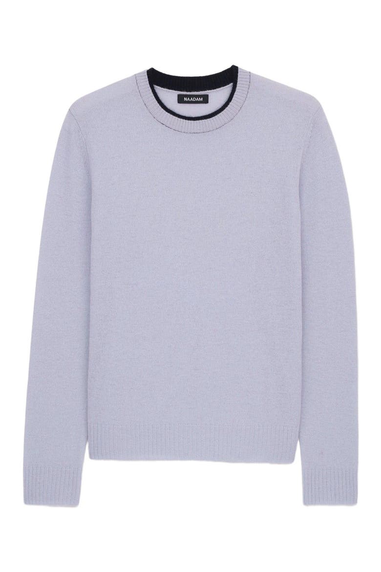 Lightweight Cashmere Contrast Trim Crewneck Sweater, Alternate, color, Ice Blue