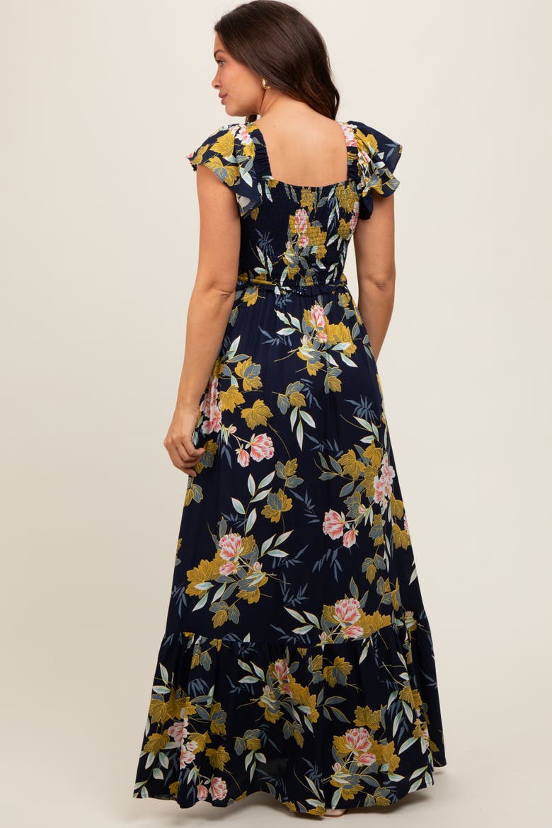 Floral Smocked Cinched Top Maxi Dress, Alternate, color, Navy Blue
