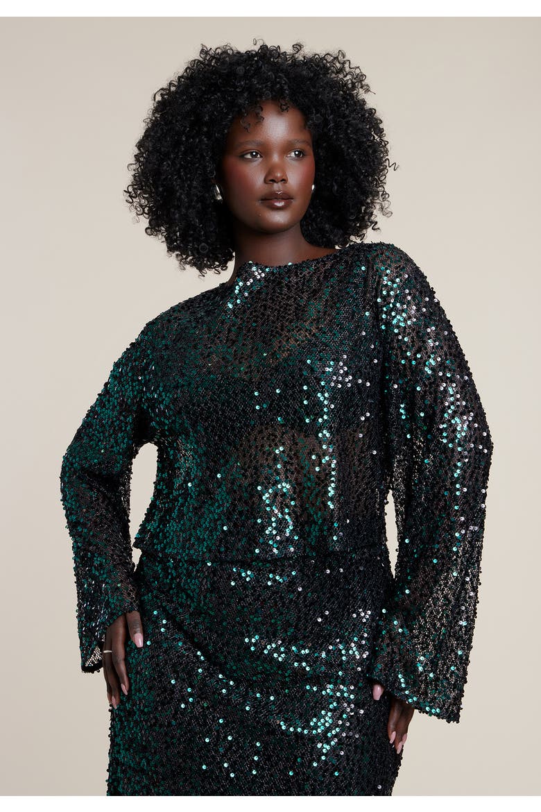 Boat Neck Sequin Crop Top, Alternate, color, FOREST BIOME