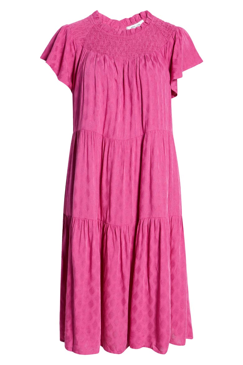 Flutter Sleeve Tiered Jacquard Dress, Alternate, color, FUCHSIA