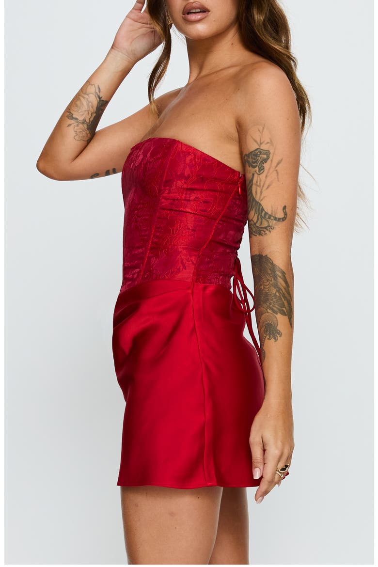 Jenevieve Strapless Drape Satin Minidress, Alternate, color, RED