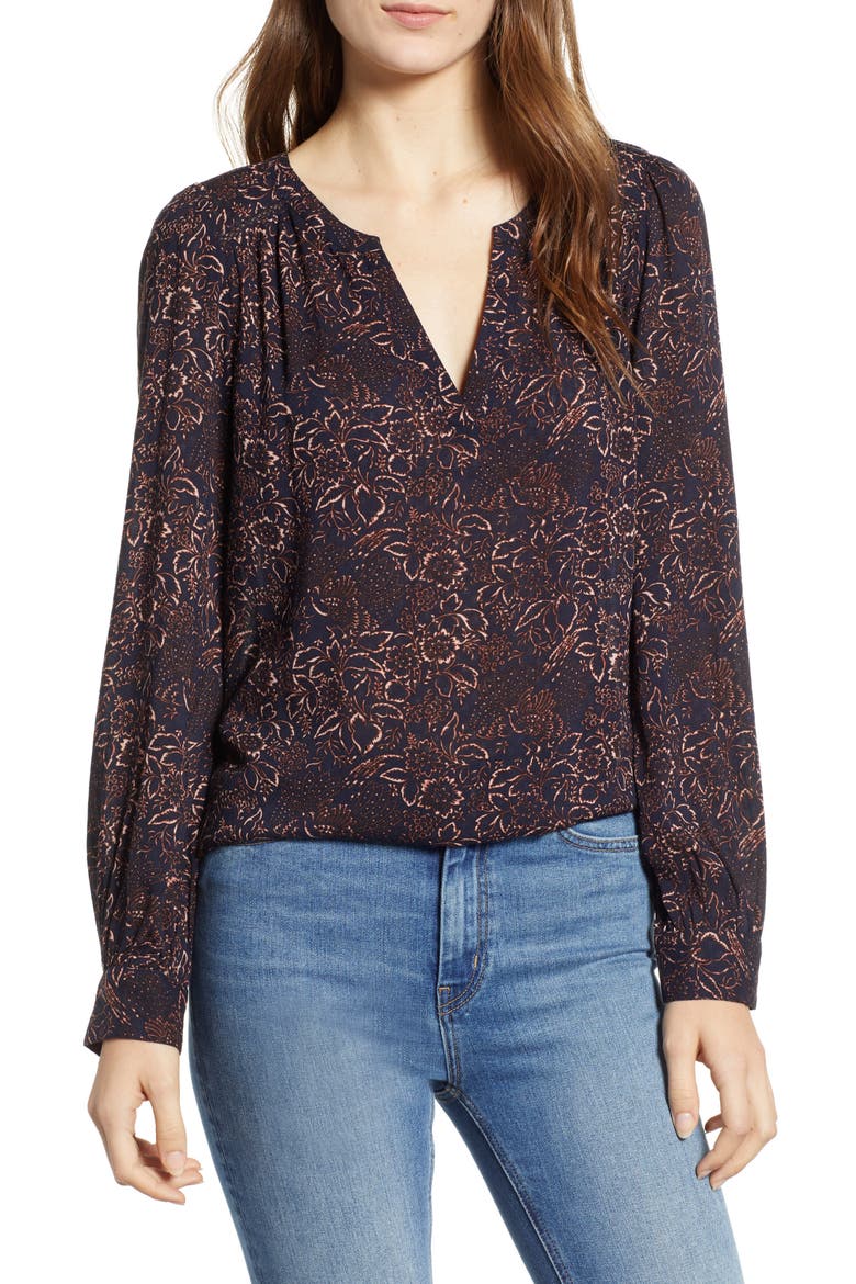 Print Popover Blouse, Main, color, NAVY NIGHT INK FLORAL