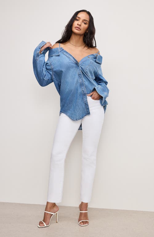 Shop Good American Off The Shoulder Denim Shirt In Indigo772