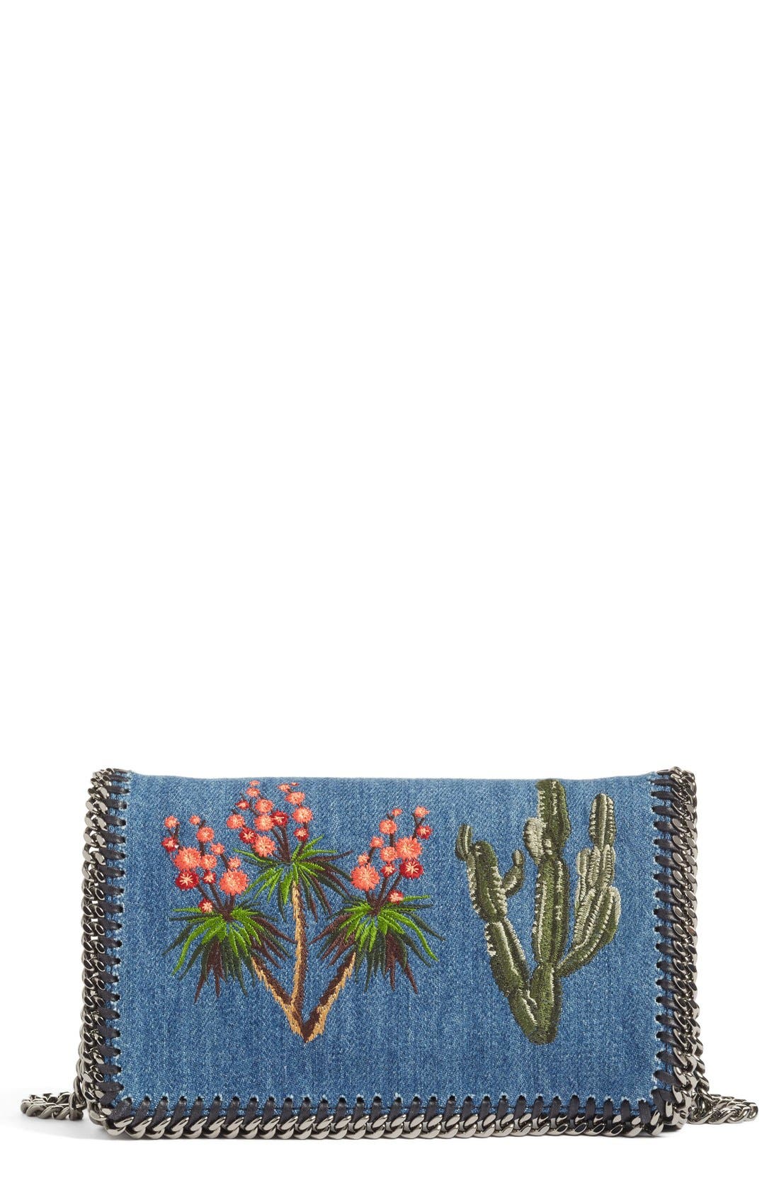 Embroidered Denim Shoulder Bag, Main, color, CERULEAN