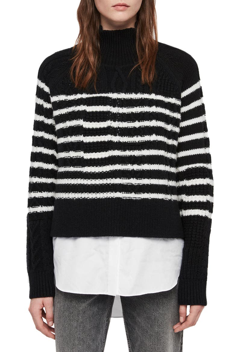 Mari Stripe Roll Neck Sweater, Main, color, BLACK/CHALK