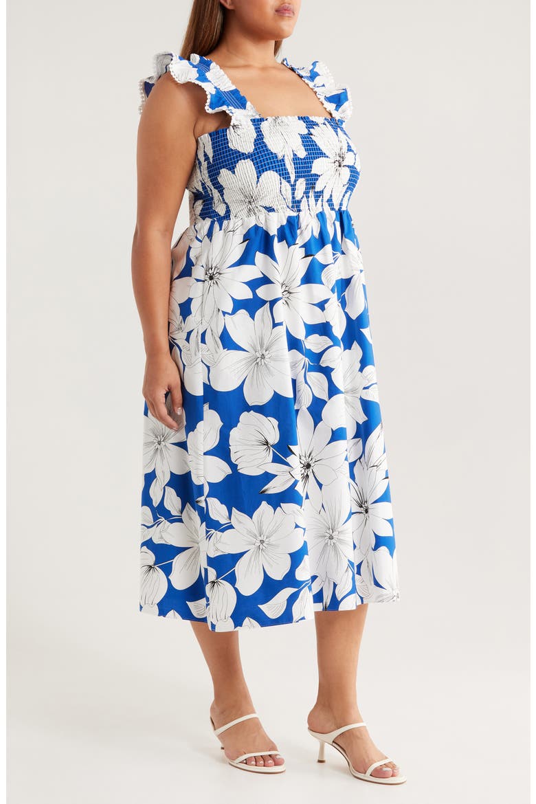 Smocked Ruffle Midi Dress, Alternate, color, PALACE BLUE MULTI